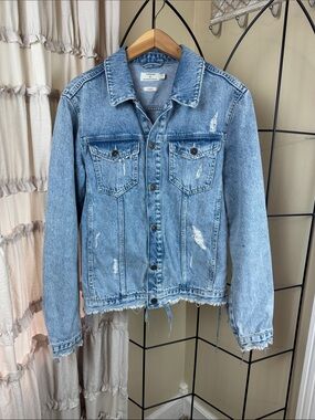Topman Light Blue Classic Denim Jean Jacket Distressed Size M EUC